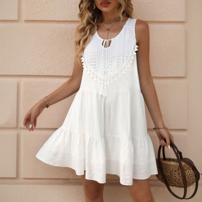 Vestido bohemio blanco sin mangas, étnico, con borlas, cuello de pico, corto, para vacaciones en la playa