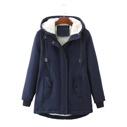 Ladies Hooded Lambswool Parka Winter Warm Waist Women Cotton-Padded Coat