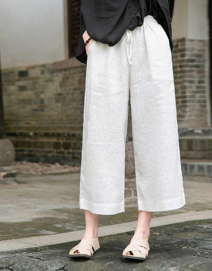 Spring Summer Cotton Linen Women Artistic Washed Lace up Linen Casual Straight Through Cropped Pants Women Cotton Linen Wide Leg Pants - Wanita Store