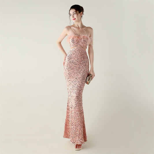 Velvet Bottom Sequin Craft Ostrich Feather Handmade Evening Dress Fishtail A Hemline High End Dinner Dress