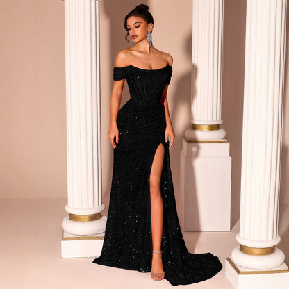 Vestido de Noche Negro sin Tirantes Lentejuelas Ajustado Estilizador Cola de Pez Vestido de Novia para Brindis Vestido de Noche de Cóctel