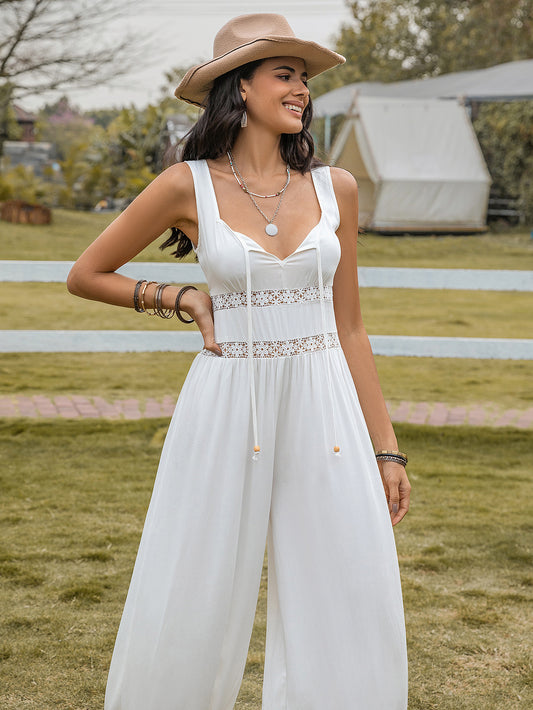 Bell Bottom Pants Drawstring Spaghetti Straps Sleeveless Hollow Out Cutout High Waist Sexy Women Jumpsuits