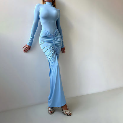 Women Clothing Autumn Solid Color Elegant Slim Slimming Pleated Turtleneck Long Sleeve Dress - Wanita Store