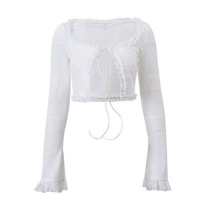 Fall French Square Collar Knitted Lace up Cardigan Long Sleeve Top Cake Skirt Sets - Wanita Store