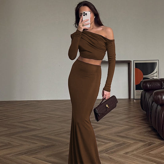 Best Seller in Women Clothing Summer Shoulder Baring Long Sleeved Top Slim Skirt Two Piece Sets Women