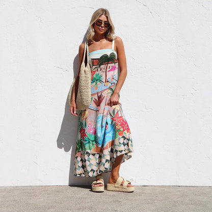 Vestido largo sexy con estampado de grafiti y tirantes anchos para mujer