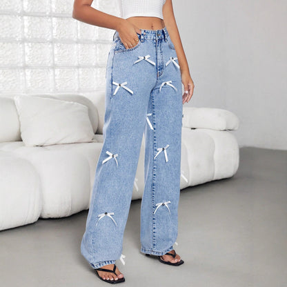 Bow Ribbon Women' Four Seasons Women Wide Leg Denim Trousers - Wanita Store
