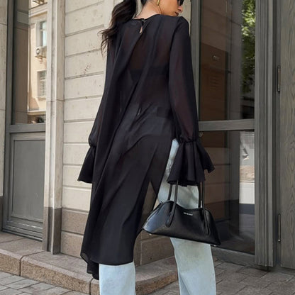 Chiffon Shirt Women Black Mesh Irregular Asymmetric Niche Design round Neck Ruffle Sleeve Long Sleeve Top