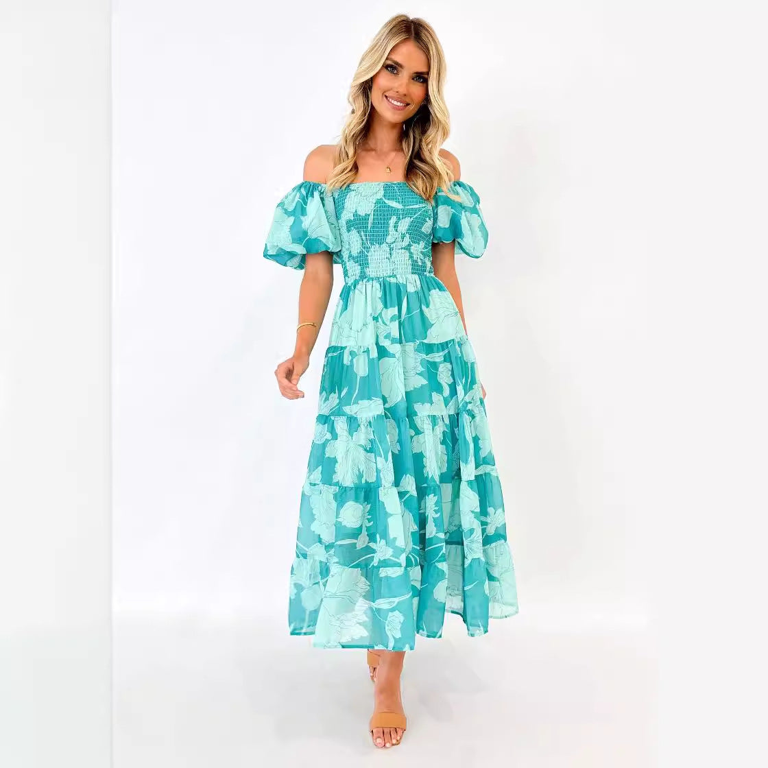 Summer Women Clothing off Neck Chiffon Puff Sleeve Layered Waist Trimming Printing Dress