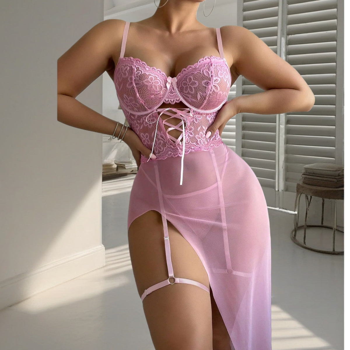 See through Lace Stitching Sexy Lingerie with T Back Women Sexy Light Pajamas Bow Hip Bag Maxi Dress Pajamas