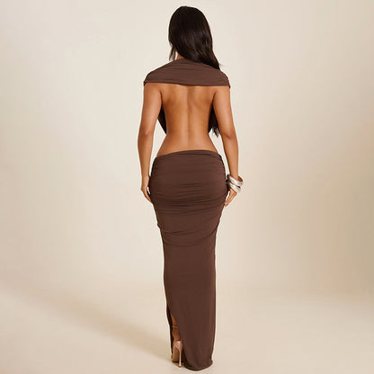 Robe longue d'été décontractée moulante sans manches dos nu de couleur unie pour femme