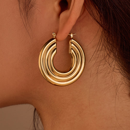 Texture Stainless Steel Earrings Retro High-Grade Hollow Out Cutout 18K Gold Titanium Steel Earrings Ornament - Wanita Store