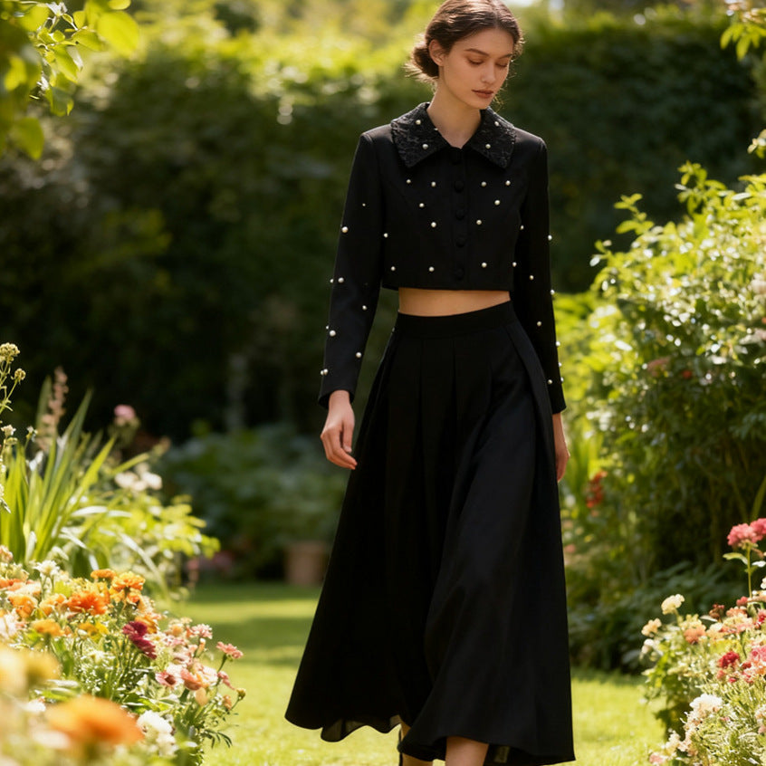 Robe longue plissée élégante de printemps, coupe ajustée, couleur unie, col perlé, manches longues, ensemble deux pièces pour femme