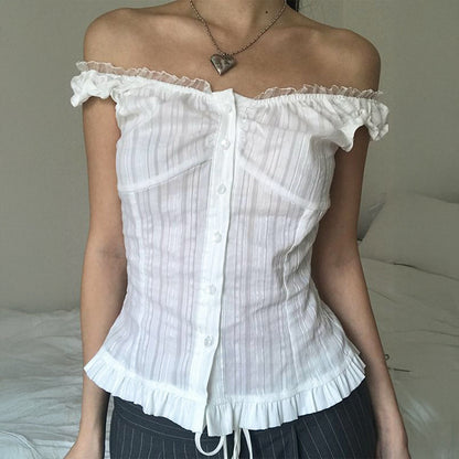 Women Clothing Summer Sexy Cold Shoulder Sleeveless Cardigan Shirt - Wanita Store
