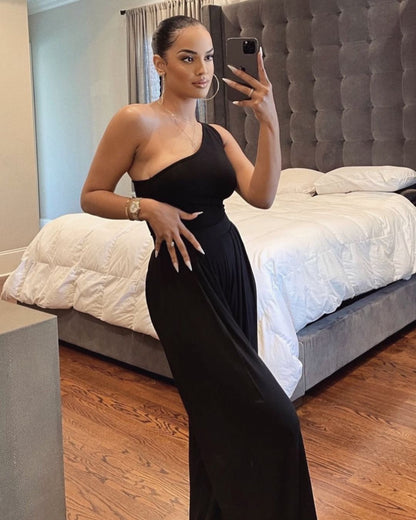 Same as Web Celebrities Concise Sexy One Shoulder Asymmetric Comfortable Jumpsuit - Wanita Store