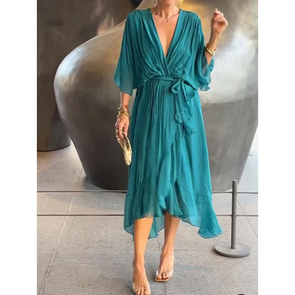 Women Clothing Solid Color Tied Maxi Dress Batwing Sleeve Irregular Asymmetric Dress - Wanita Store