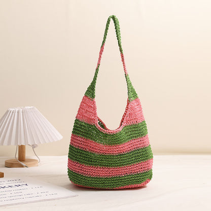 Large Capacity Striped Shoulder Straw Bag Hand Crocheted Straw Bag Woven Bag Seaside Vacation Beach Bag - Wanita Store