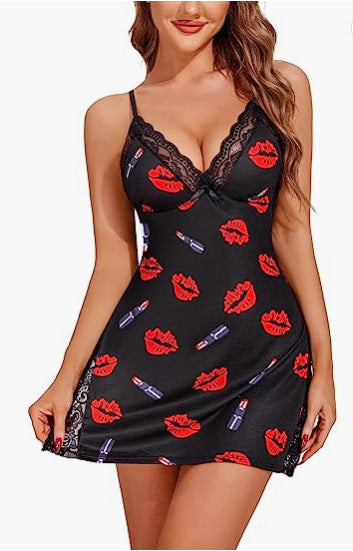 Sexy Lingerie V-neck Sexy Red Lips Printed Split Sling Nightdress Women