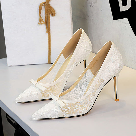 Cocktail High Heel Women Shoes Bow Sequined Lace Mesh Pointed Shallow Mouth Stiletto Heel Women