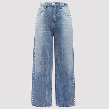 Women Clothing Autumn Magic Heavy Industry Metal Rivet White Pearl Straight Leg Denim - Wanita Store