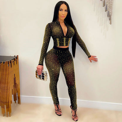 Women Clothing Sexy Tight Mesh See-through Long Sleeve Rhinestone Two-Piece Set Blouse Pants Women - Wanita Store