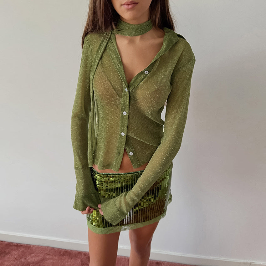 Spring Arrival Reflective Beautiful Shoulder Small Top Women Decoration Long Sleeve Shirt Cardigan - Wanita Store