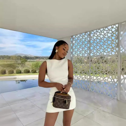Dress Summer White Slim round Neck Sleeveless Short - Wanita Store