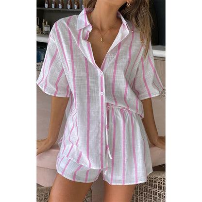 Spring Summer Striped Printed Short Sleeve Shirt Shorts Suit Beach Casual Two Piece Suit Women Clothing - Wanita Store