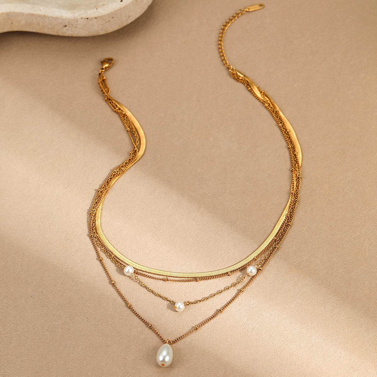Water Drop Imitation Pearl Tassel Embellished Multi Layer Necklace Women Twin Simple Accessories - Wanita Store