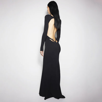 Women Clothing Summer Sexy Long Sleeve Backless Lace Hip Elastic Metal Decoration Dress - Wanita Store