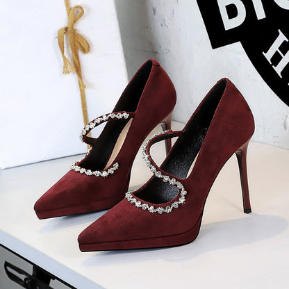 Cocktail High Heels Stiletto Low Cut Suede Pointed Toe Waterproof Platform Rhinestone Ankle Strap High Heel Pumps - Wanita Store