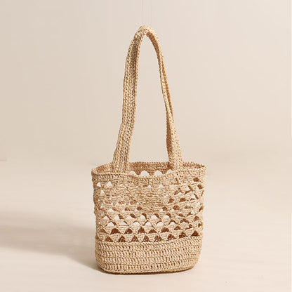 Raffia Shoulder Straw Bag Simple Solid Color Hollow Out Cutout Straw Bag Woven Bag Vacation Beach Bag Women Bag - Wanita Store