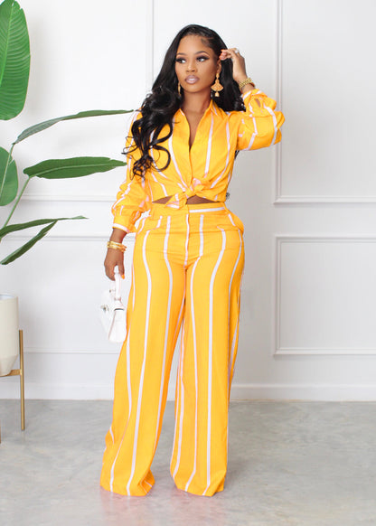 Women Printed Striped Shirt Outfit Two-Piece Long Sleeve Loose Straight - Wanita Store