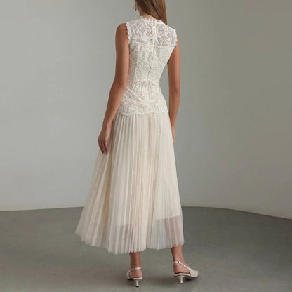 Women Elegant High Grade Dress Summer Lace Embroidered Mesh Stitching Sleeveless Dress - Wanita Store