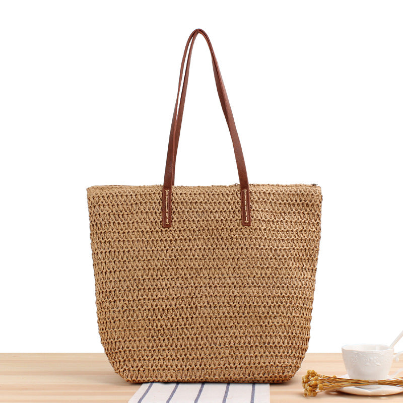Solid Color Simple Shoulder Straw Bag Japanese Korean Woven Bag Daily Office Casual Vacation Women Bag