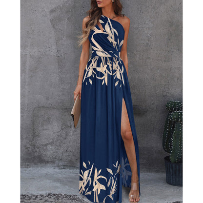 Women Clothing Slant Shoulder Dress Elegance Sleeveless Sexy High Waist Split Dress - Wanita Store