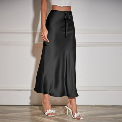 Satin Dress High Waist Drawstring Lace up Solid Skirt Women Clothing - Wanita Store