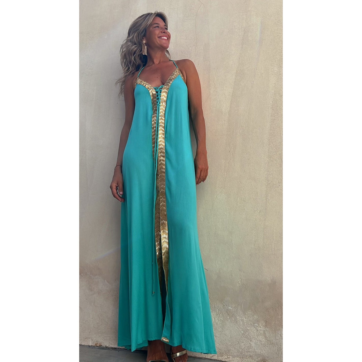 Spring Summer Lace up Halterneck Dress Casual Loose Vacation Large Swing Dress