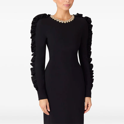 Autumn Star Fashionable Stringy Selvedge Three Dimensional Decoration Long Sleeve Mid Length Dress - Wanita Store