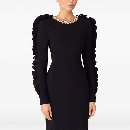 Autumn Star Fashionable Stringy Selvedge Three Dimensional Decoration Long Sleeve Mid Length Dress