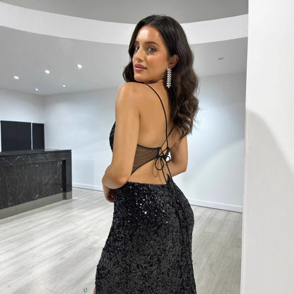 Sequined Split Sexy Sling Dress Waist Controlled Cocktail Dress Slim Fit Maxi Dress - Wanita Store