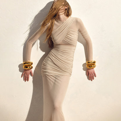 Sexy Mesh See through Maxi Dress Long Sleeve Sexy Pleated Slim Fit Dress - Wanita Store