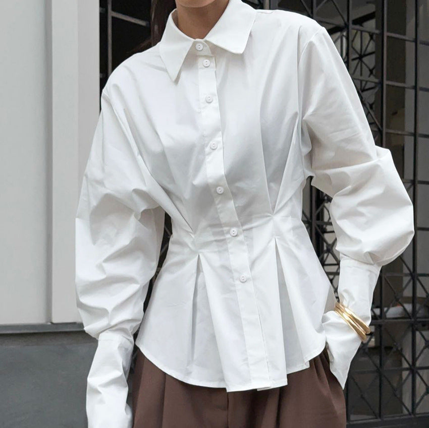 Court White Cotton Shirt Women Light Luxury Pleat Waisted Slim-Fit Long-Sleeved Collared Shirt - Wanita Store