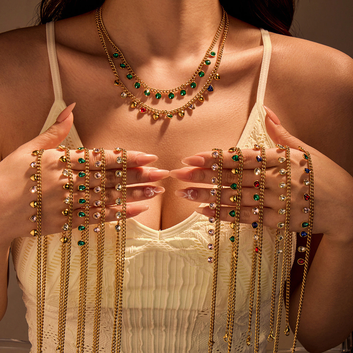 Classic Stainless Steel Color Rhinestone Tassel Necklace Women Twin Titanium Steel Clavicle Chain Jewelry - Wanita Store