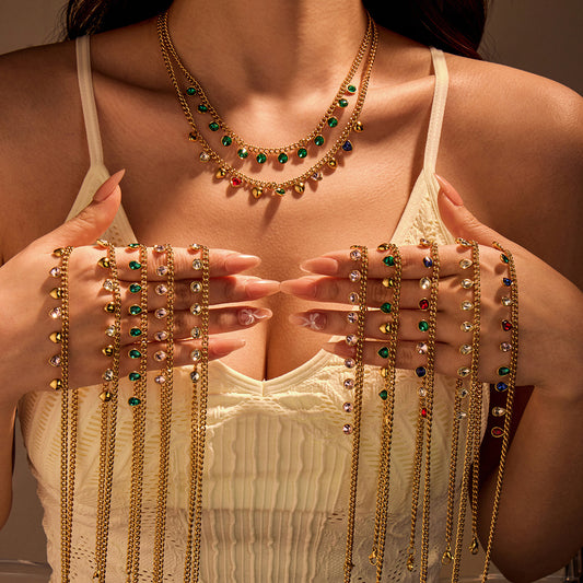 Classic Stainless Steel Color Rhinestone Tassel Necklace Women Twin Titanium Steel Clavicle Chain Jewelry - Wanita Store