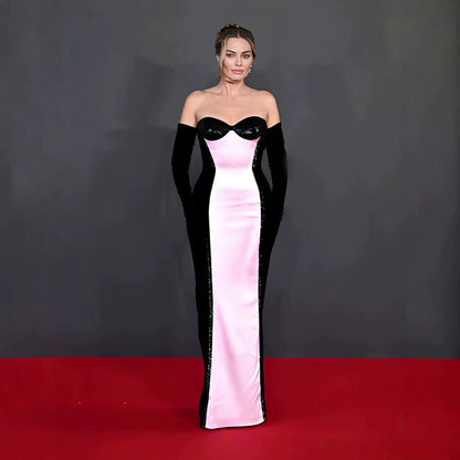 Vestido tubo ceñido con bloque de color negro, blanco y rosa, tipo sirena, para cenas de gala y alfombra roja