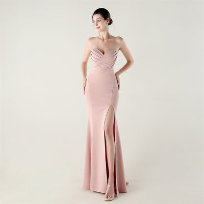 Wrapped Chest Folding Heart Shaped Collar Evening Dress Back Cross Strap Slimming Cocktail Bridesmaid Dress - Wanita Store