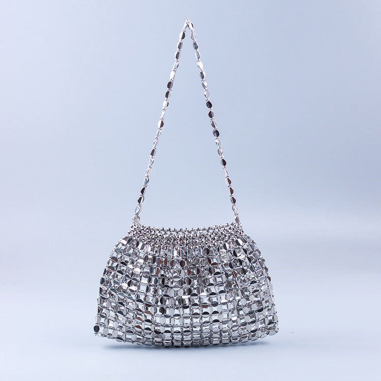 Popular Handmade Silver Gold Flat Beads Beaded Weave Large Dumpling Trendy One Shoulder Handbags