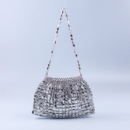Popular Handmade Silver Gold Flat Beads Beaded Weave Large Dumpling Trendy One Shoulder Handbags