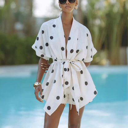 Spring Summer Polka Dot Linen Printed Shorts Set Vacation Loose Two Piece Set Women - Wanita Store